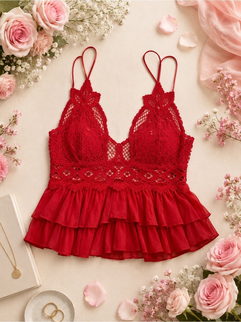 NWT Free People Women’s Adella Lace Ruffled Cami Top Cherry Red Size X-Small - Picture 13 of 13
